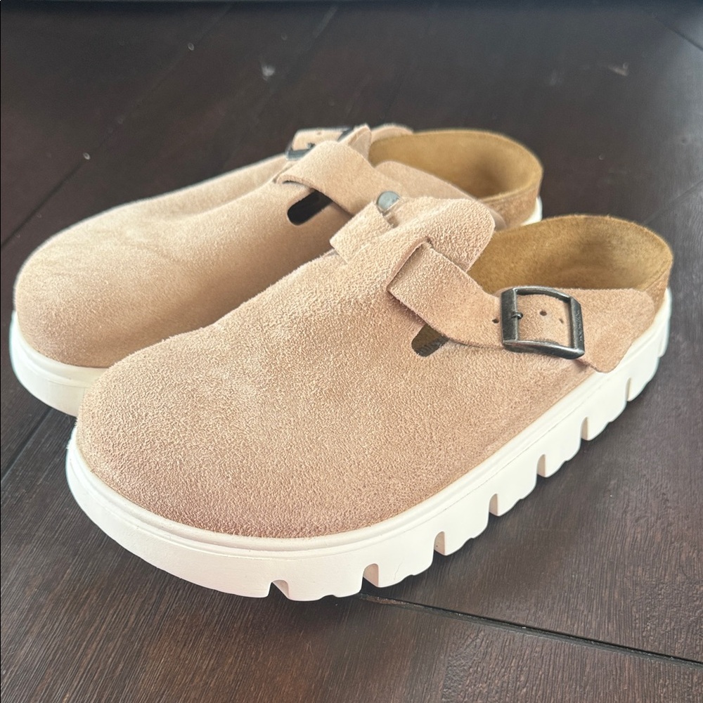 Birkenstock Papillio Tan Suede Clogs with White Soles